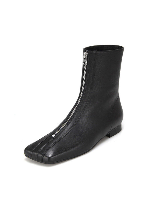 Squared toe front zip flat boots | Black