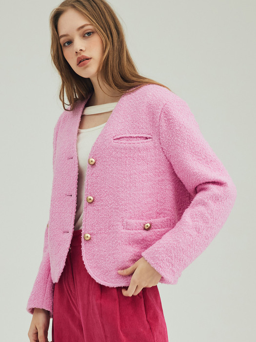 COLLARLESS V-NECK TWEED WOOL JACKET_PINK