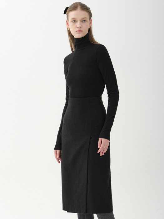 wool blend side slit H-line skirt_black