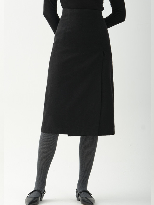 wool blend side slit H-line skirt_black