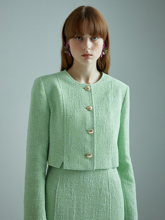 Tropical Slit Crop Tweed Jacket_Light Green