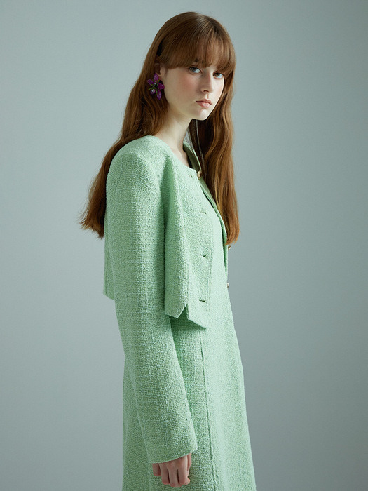 Tropical Slit Crop Tweed Jacket_Light Green