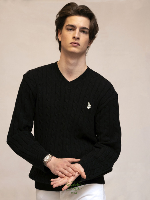 RCH 윔블던 브이넥 케이블 니트 스웨터 블랙