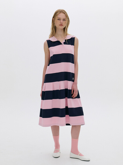 스트라이프 카라 슬리브리스 드레스 핑크 (AEDR3E006P2)