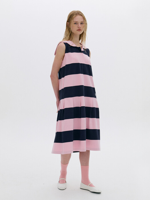 스트라이프 카라 슬리브리스 드레스 핑크 (AEDR3E006P2)