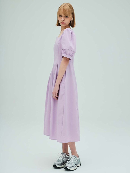 Square-neck puff sleeve flare dress_Lavender