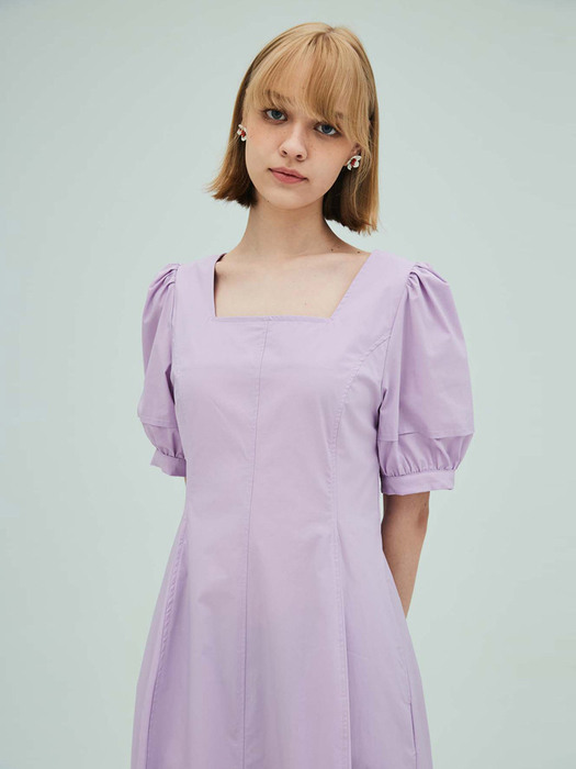 Square-neck puff sleeve flare dress_Lavender