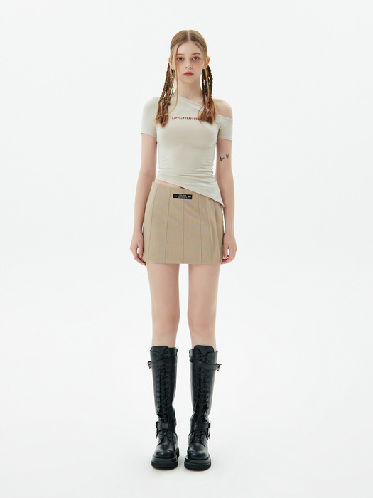 Panelled Snap Mini Skirt, Beige