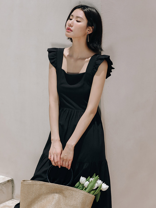 LS_Black square neck frill long dress