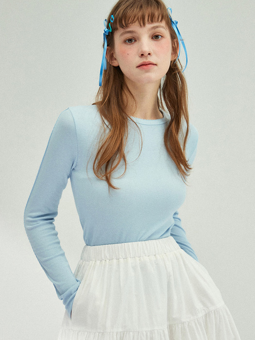 Picot Stitch Roundneck Long Sleeve T-Shirt_BLUE