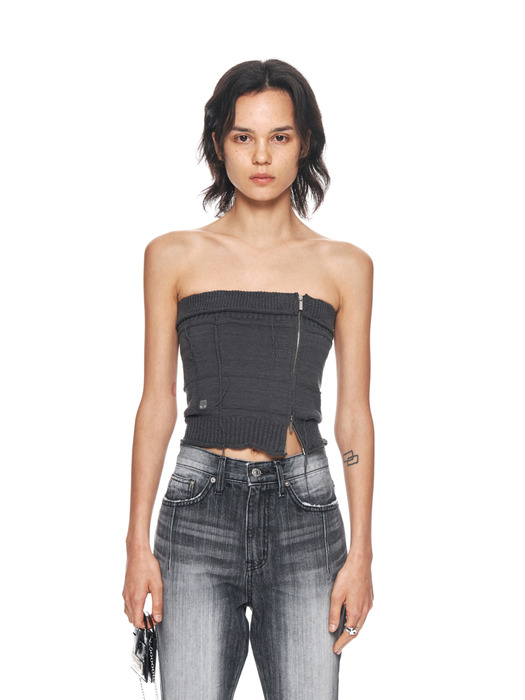 NATURAL DAMAGE ZIP UP TUBE TOP IN CHARCOAL