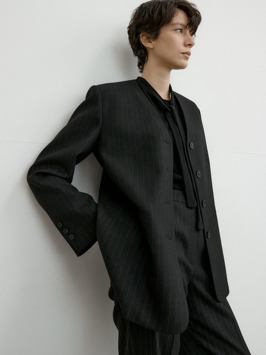 WOOL STRIPE NOCOLLAR BLAZER_BLACK