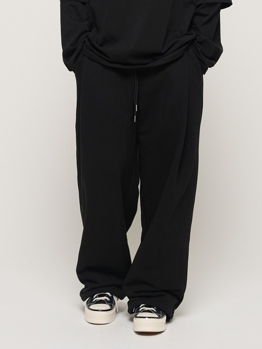 PIN TUCK WIDE BAND STRING PANTS (BLACK)