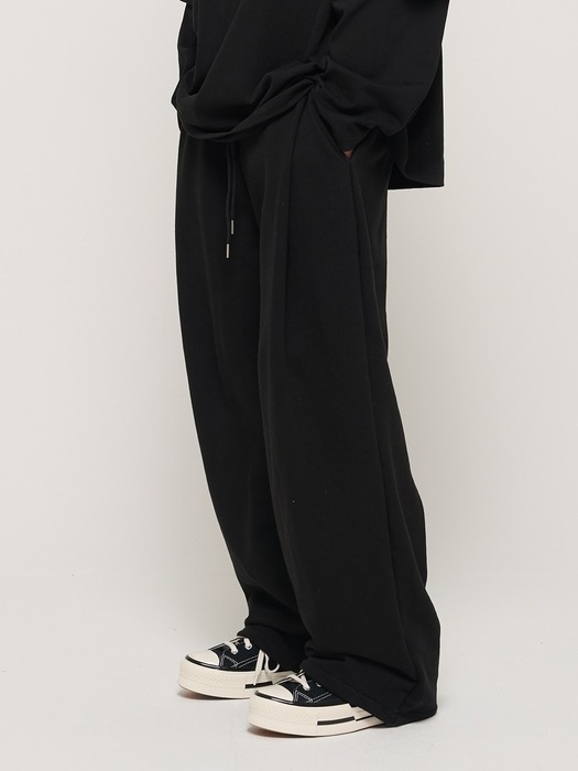 PIN TUCK WIDE BAND STRING PANTS (BLACK)