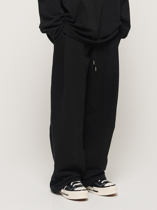 PIN TUCK WIDE BAND STRING PANTS (BLACK)