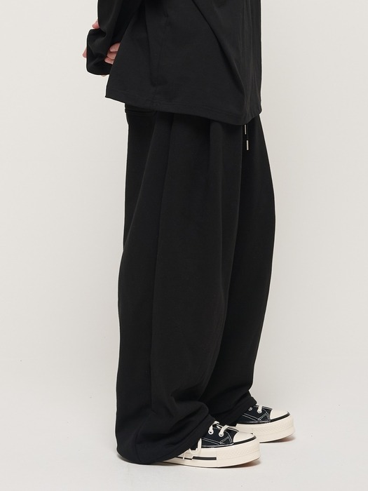 PIN TUCK WIDE BAND STRING PANTS (BLACK)