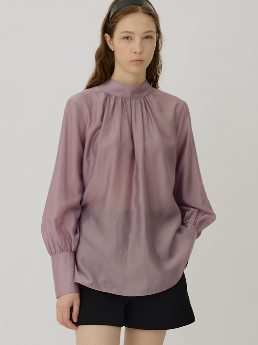 CLAIRE high neck tie collar sheer blouse_Mauve Violet