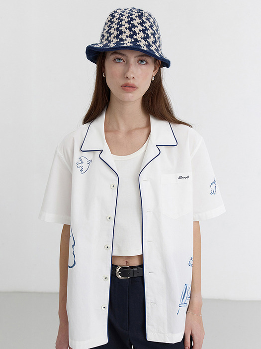 UNISEX HAND-DRAWING OPEN COLLAR SHIRT OCEAN BLUE_UDSH5B129B2 - Image 2