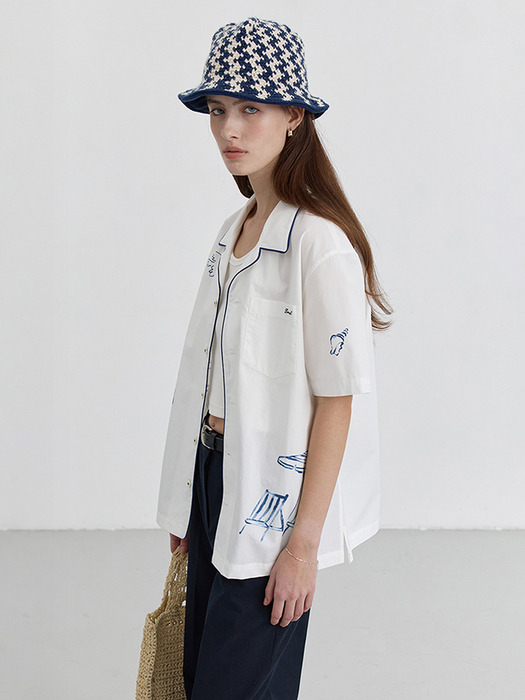 UNISEX HAND-DRAWING OPEN COLLAR SHIRT OCEAN BLUE_UDSH5B129B2 - Image 1