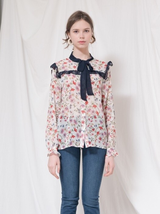 FLOWER PRINTED RIBBON BLOUSE_WHITE