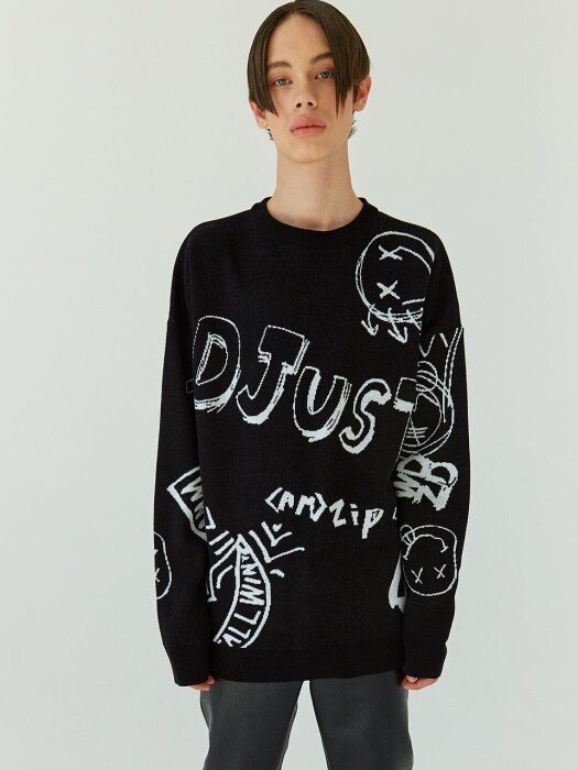 18FW 16 overfit graphic round knit (black)