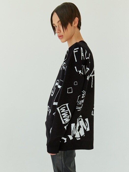 18FW 16 overfit graphic round knit (black)