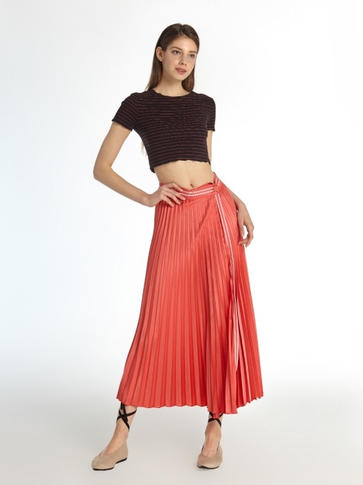 Stripe Tape Pleated Lap Skirt(Red)
