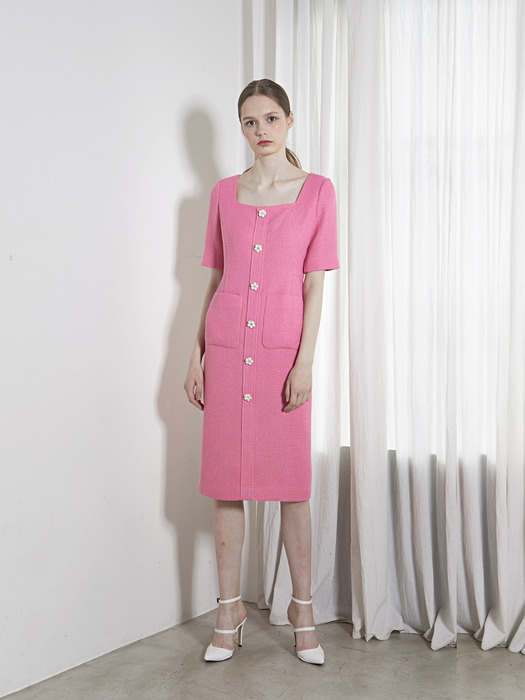 PINK SQUARE NECK TWEED LONG DRESS (핑크 스퀘어 넥 트위드 롱 원피스)
