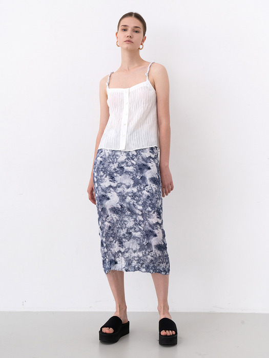 WRINKLED PRINT MIDI SKIRT (NAVY)