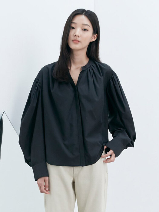 Front Button Shirring Blouse - Black (KE0860M025)