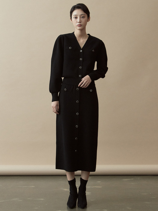 [SET] V.warm puff knit cardigan + warm button knit skirt (black)
