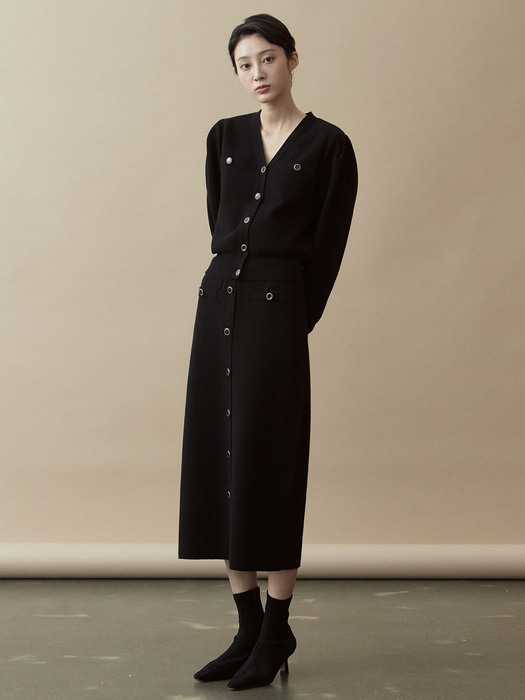 [SET] V.warm puff knit cardigan + warm button knit skirt (black)