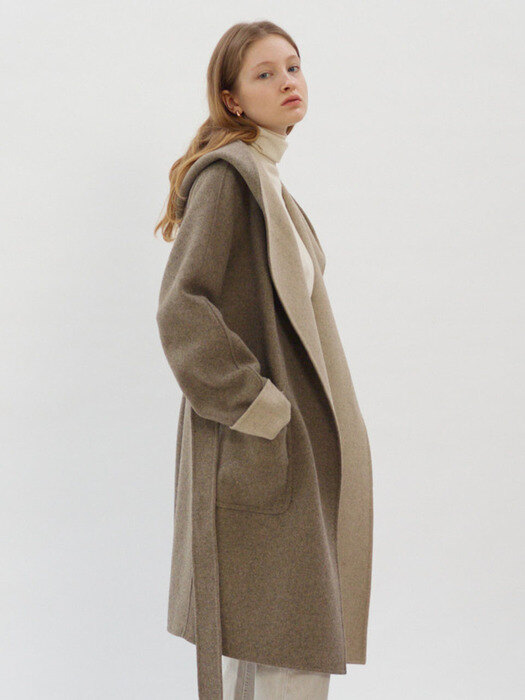 Reversible Hood Hand-made Coat_Greybrown &Oatmeal