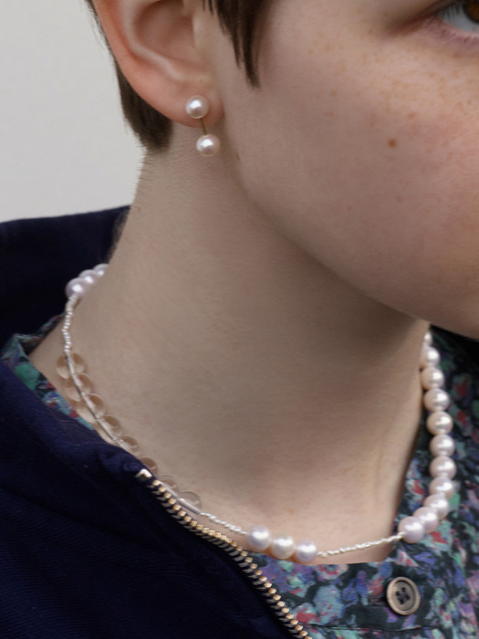 [2SET]The dumbell pearl earrings + The pearl and crystal necklace