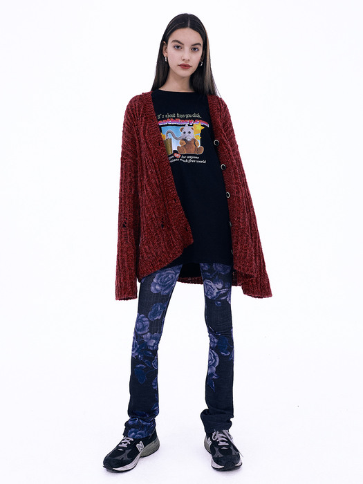 Damaged Chunky Cardigan Heather Red 