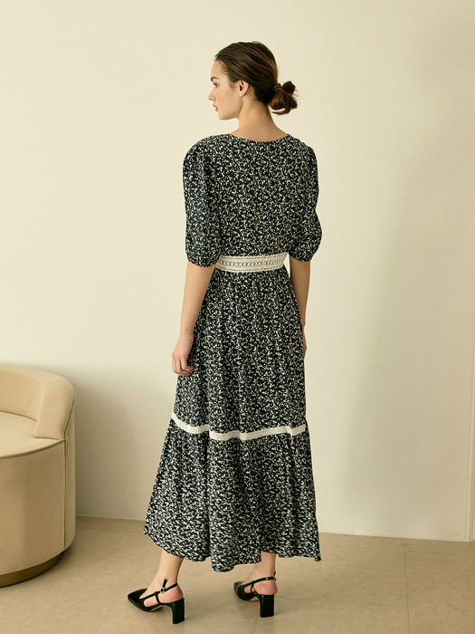 V-neck Floral Lace Long Dress (Navy)