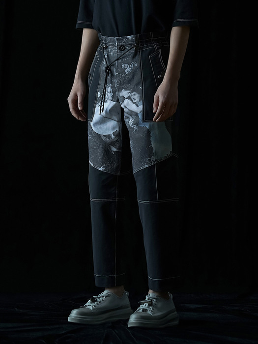 BLACK COTTON NYLON MIX ARTWORK DRAWSTRING TROUSERS