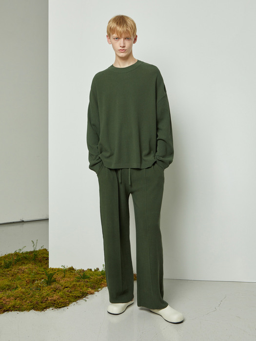 [SET] Elastic supima cotton double crewneck pullover / wide pants_Basil Green