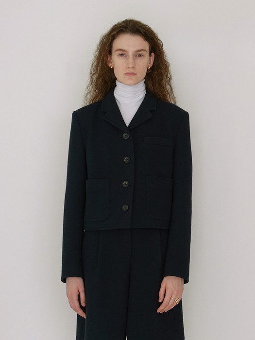 Woolen twill collar crop jacket (D/NAVY)