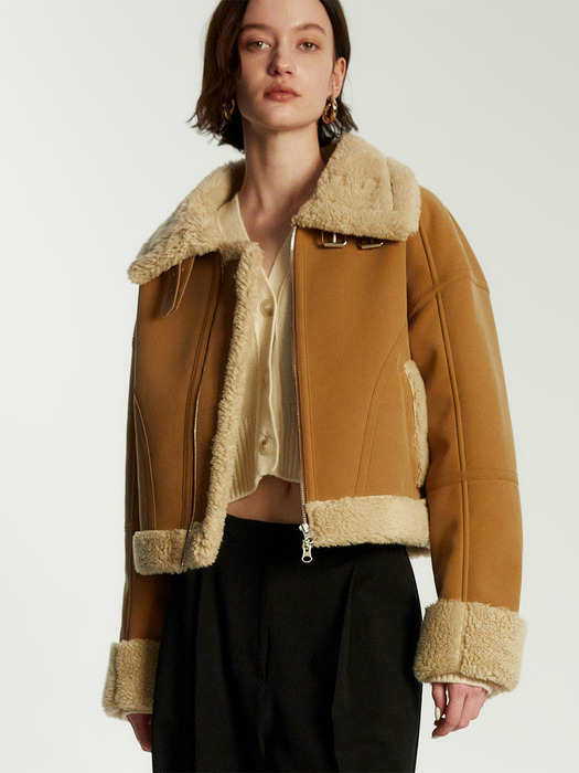 Wide Collar Shearling Jacket - Beige