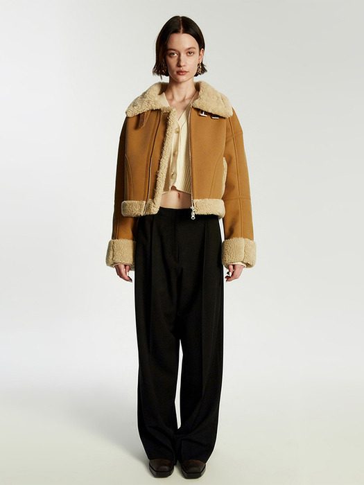 Wide Collar Shearling Jacket - Beige