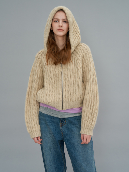 Short hoody zip-up Knit (Beige)