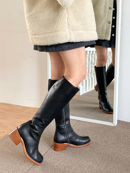 IS_231430 Wood Platform Long Boots (Black)