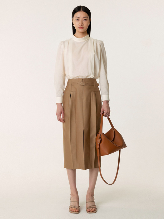 SS23 울실크 Wool Silk Belted Skirt Beige