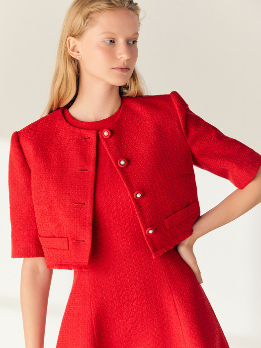 MAISIE Half sleeve tweed bolero jacket (Scarlet red)