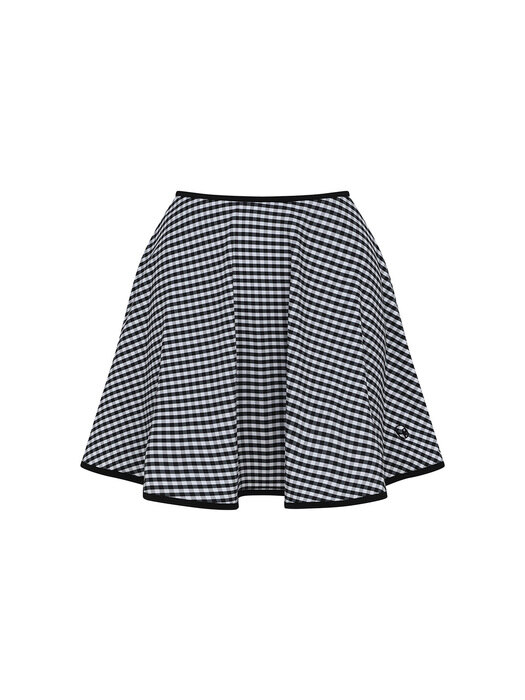 Gingham Check Flare Swim Skirt-Black