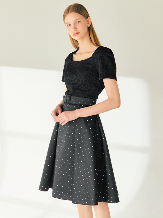AVRILL Polka-dot tuck detailed midi skirt (Black)