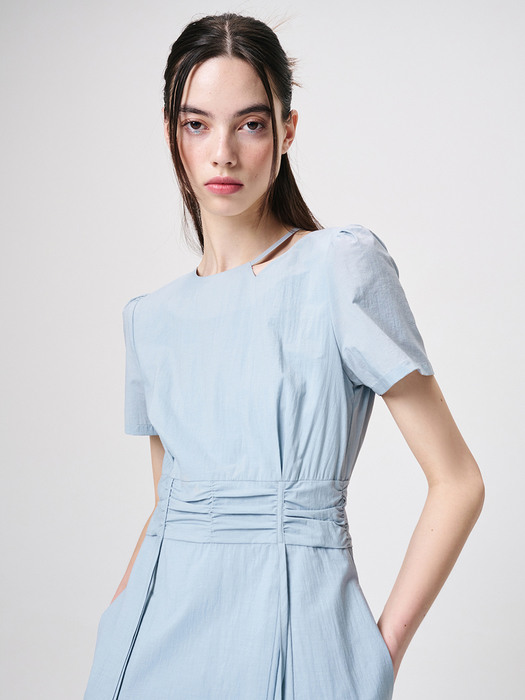 Neck Cut-Out Shirring Dress, Sky Blue