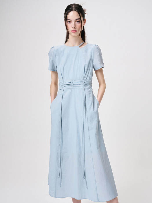 Neck Cut-Out Shirring Dress, Sky Blue