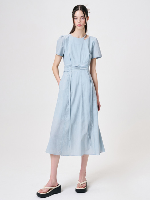 Neck Cut-Out Shirring Dress, Sky Blue